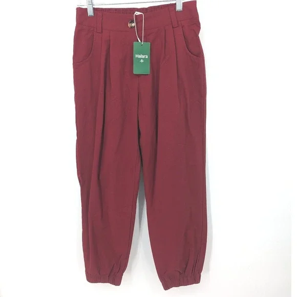 Halara Joggers Women Small Dark Red High Waisted Pleated Cotton Twill Casual NWT - Picture 1 of 10